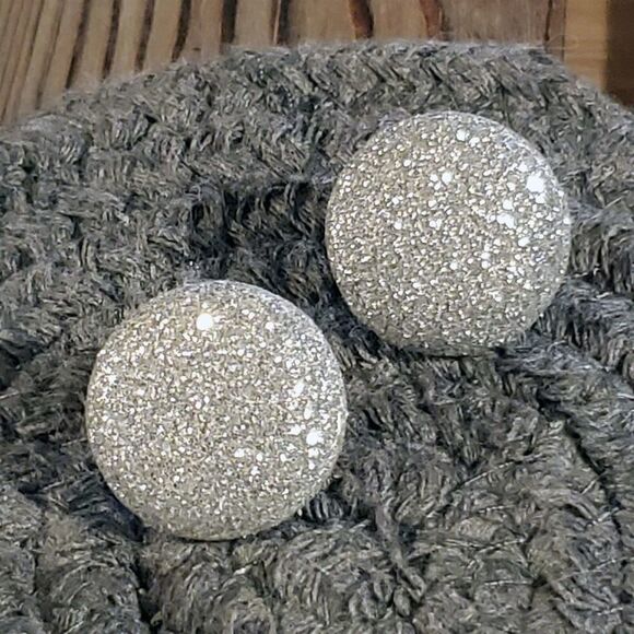 Retro 80s Club Glam Disco Sparkly Silver Fabric Button Earrings - Picture 4 of 10